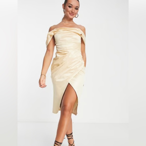 ASOS DESIGN off shoulder bardot tuck midi dress in satin gold-Neutral - Picture 4 of 6